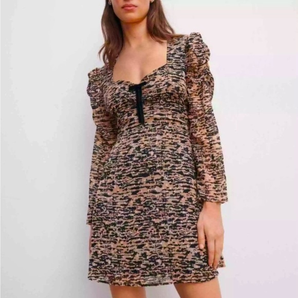 Zara Animal Print Milkmaid Dress with Velvet Bow - Size M - Picture 1 of 14